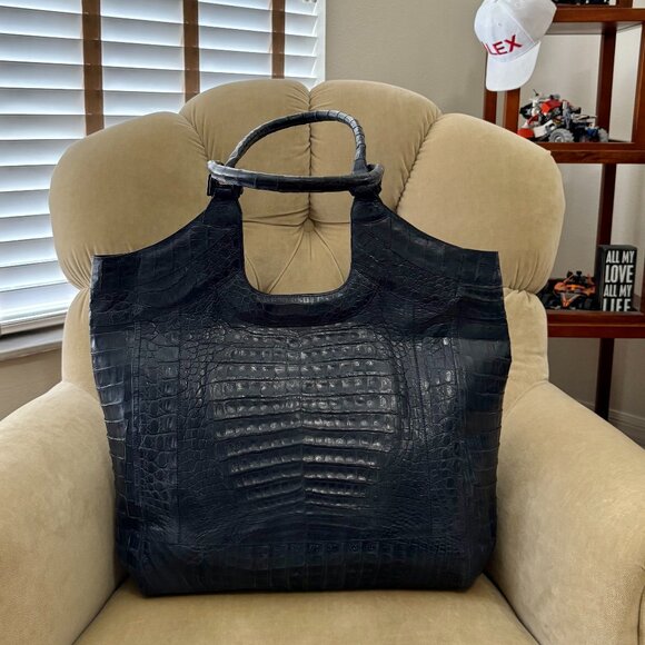 VTG Auth. RINKEL Genuine Caiman Crocodile Navy Blue XL Satchel Tote Bag - Picture 1 of 7